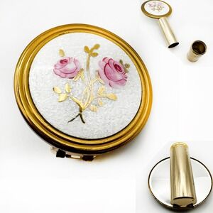 Vintage Brass Lipstick Holder Mirror Pink Roses Enamel Floral Gold Tone‎